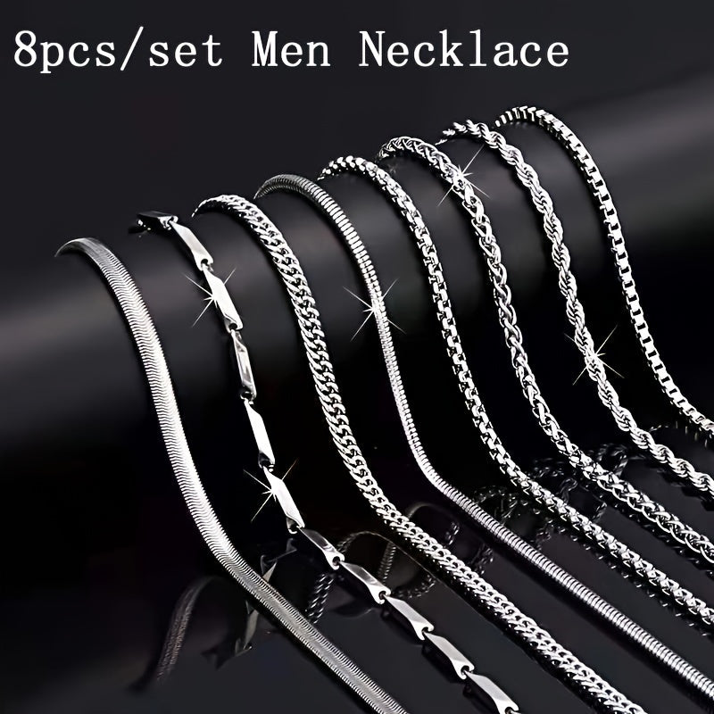 Set of 8 Men'S Stainless Steel Necklaces, Fashionable And Long-Lasting Chains, Casual Hip Hop Style, Ideal Present for Trendsetters, Features Cuban And Twisted Chains, Great for Boyfriends, Sons, Father'S Day, And Birthday Gifts