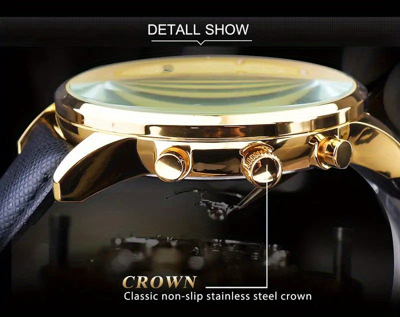 [1pc Men's Watch] 1pc Men's Black Golden Quart Watch | PU Leather Strap, with Gift Box