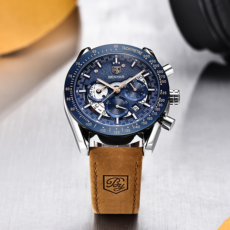 [BENYAR Luminous Chronograph Watch] BENYAR Analog Quartz Chronograph Luminous Watch - Big Face Mens Business Work Sport Casual Fashion Designer Dress Wrist Watch - Elegant Gift For Men