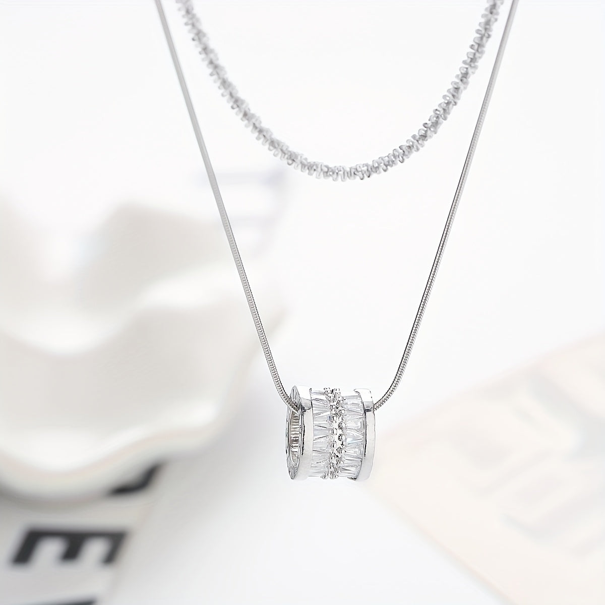 S925 Pure Silvery Elegant Double Layered Clavicle Chain Necklace for Women, Simple Fashion Sweater Chain with Synthetic Cubic Zirconia, Versatile for Daily & Gift Occasions, All Seasons
