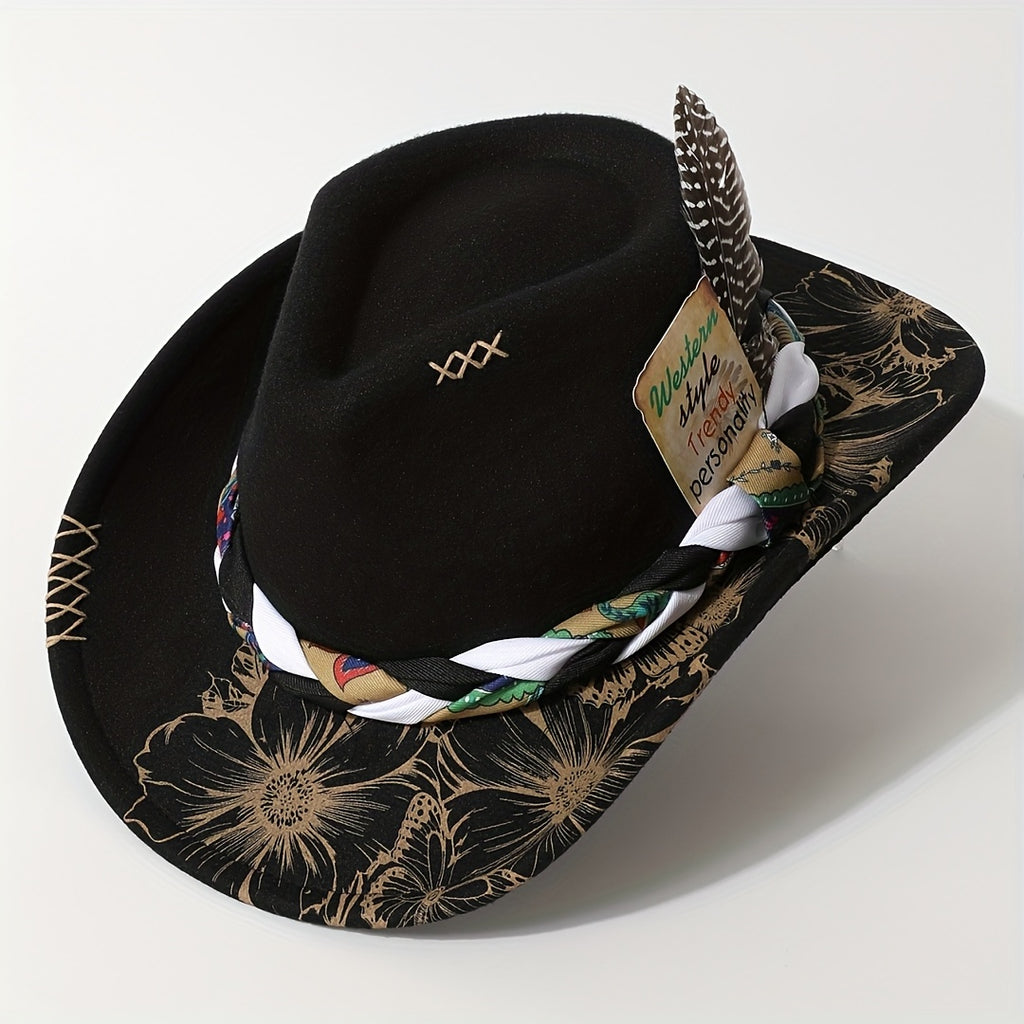 Boho Floral Print Felt Cowboy Hat Women- Braided Band Western Cowgirl Hat Rodeo, Festival& Western Outfit