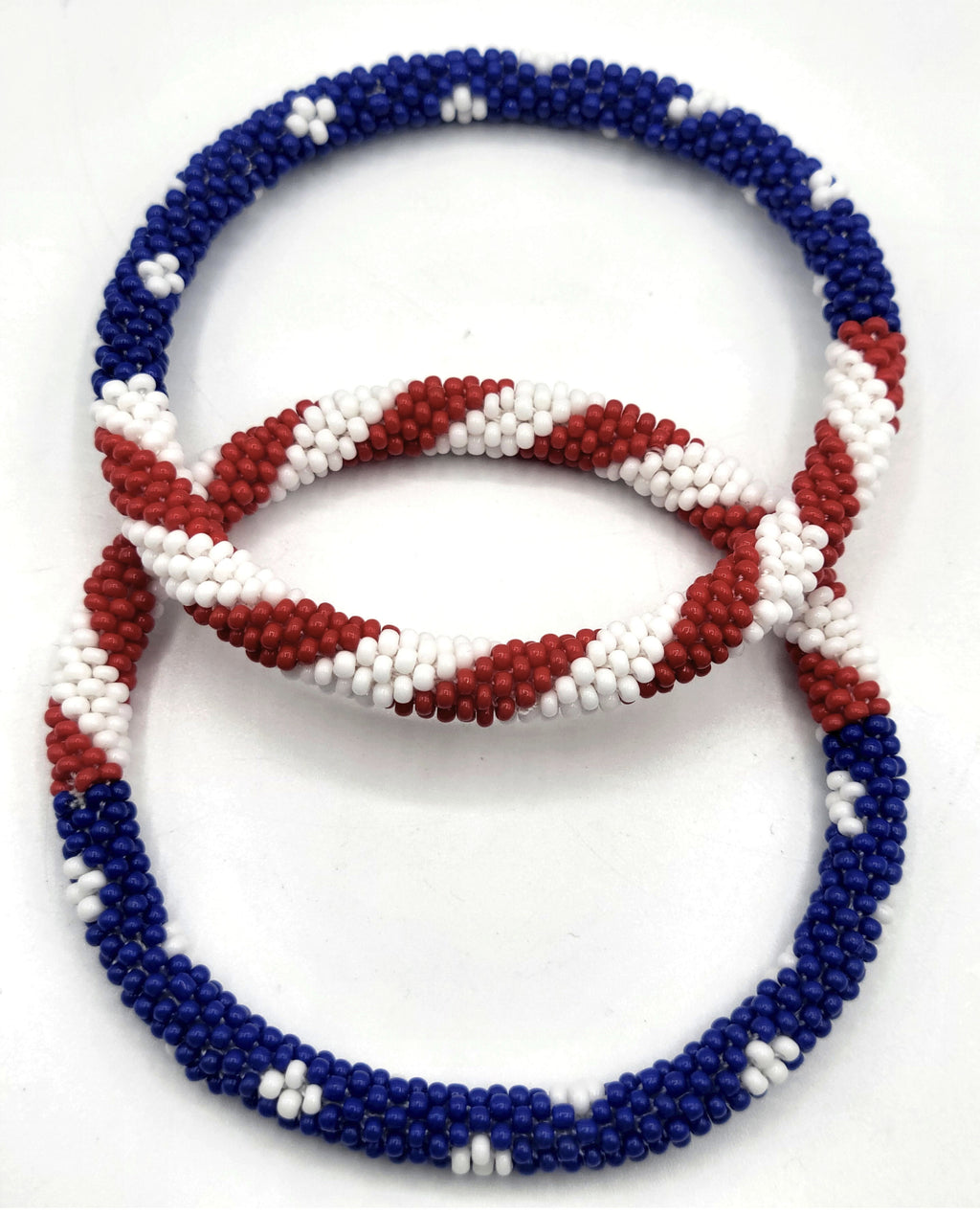 Set of 2 Handmade USA Flag Patriotic Color Design Bracelet Jewelry From Nepal – Glass Beaded Roll-On Crochet Bracelets for Men & Women, Boho Hippie Style, Artisan-Roll-On Bangles, Great Gift for USA Lovers Vacation Style Nepal Artisanship, Patriotic Wrist