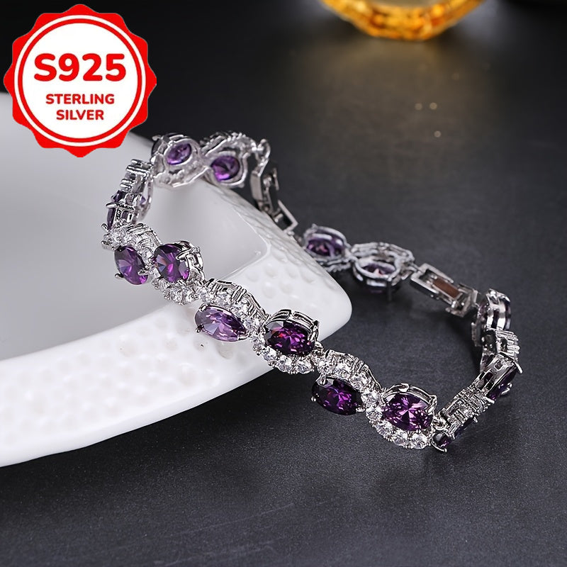 S925 Silver Sparkling Luxury Purple Oval Chain Bracelet - Exquisite Craftsmanship and Dazzling Artificial Crystal - Fashion Accessories for birthdays and anniversaries