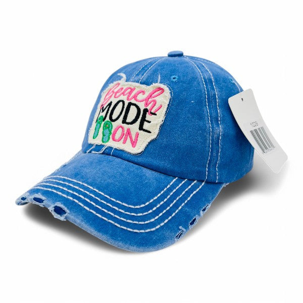 Beach Mode On Vintage Distressed Embroidered Baseball Cap For Women - 100% Cotton, Breathable, Casual, Adjustable, UV Protection