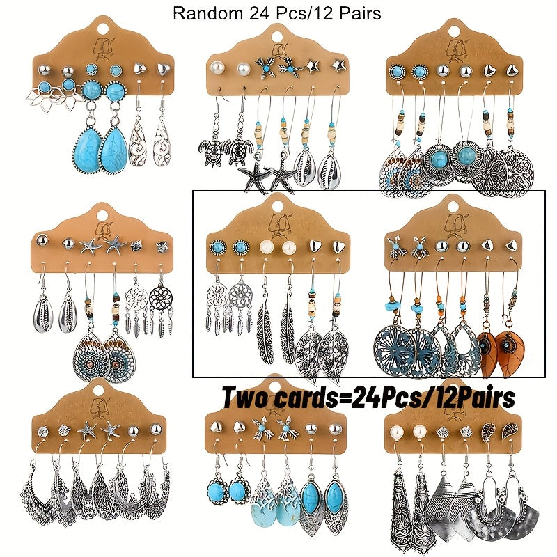 24pcs of Random Retro Bohemian Style Turquoise Leaf-Shaped, Heart-Shaped, and Teardrop Pendant Fashion Dangle Earrings, Suitable for Women's Daily Wear, Parties, Vacations, Dates, and Holiday Gifts. (2 Cards = 24pcs/12 Pairs)