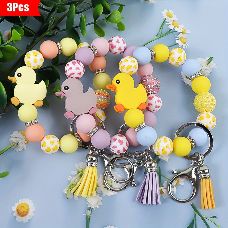 3pcs Cute Cartoon Duck Bead Keychain Holiday Gift