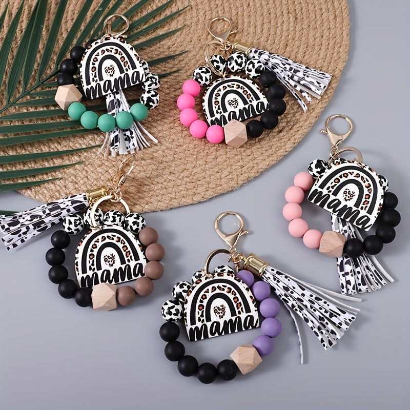 5pcs Set Of Cow Patterned Beads Monochrome Beads Beaded Wrist Keychains Cow Patterned Tassel Leopard Print Charm Keychains Holiday Gifts for Mothers Mother's Day Gifts