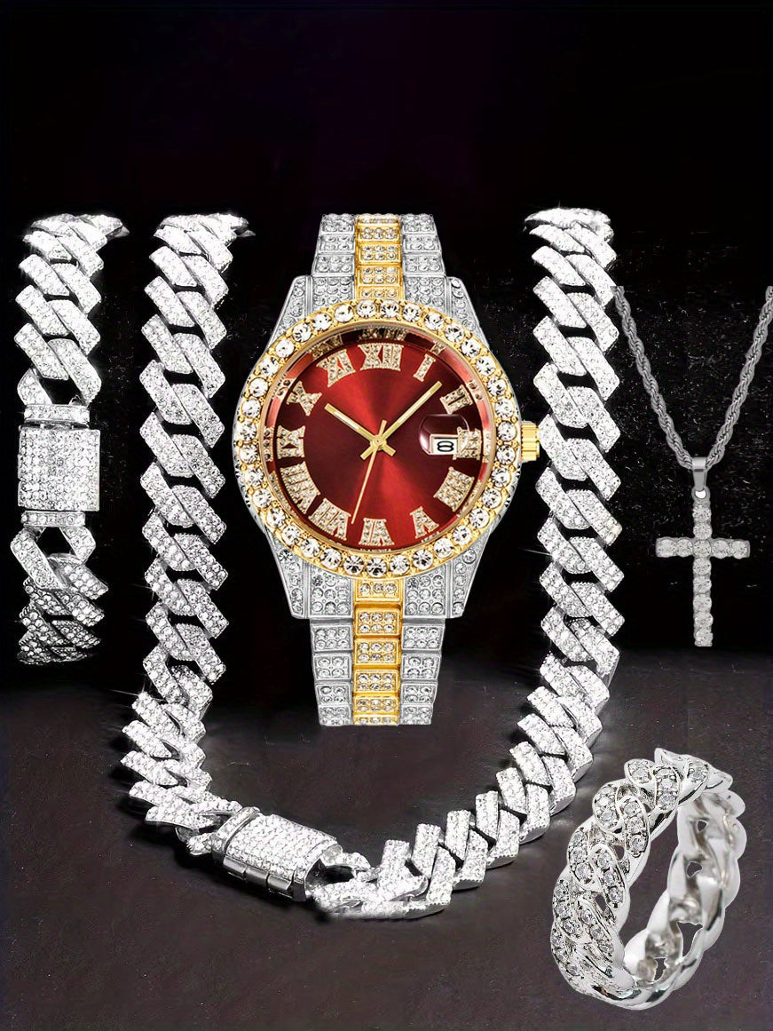 Men'S Hip Hop Set: Trendy Watch, Cuban Chain Pendant Necklace And Bracelet Combo, Stylish Men'S Additions Gift for Christmas, Birthday, Valentine'S Day, And Father'S Day