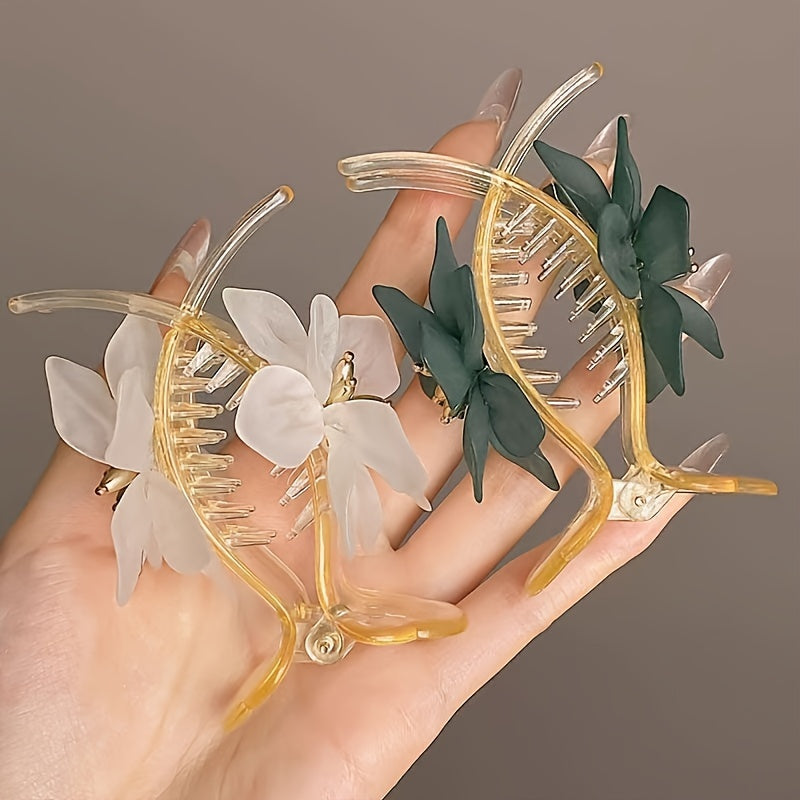 2 elegant 3D floral hair clips - anti slip banana clip, suitable for hair buns and ponytails, green and white floral designs with Golden accents, versatile hair accessories for women and teenagers, perfect for casual clothing and gatherings