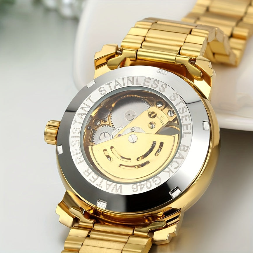 Luxury Men'S Stainless Steel Transparent Skeleton Automatic Mechanical Wrist Watch, Without Battery