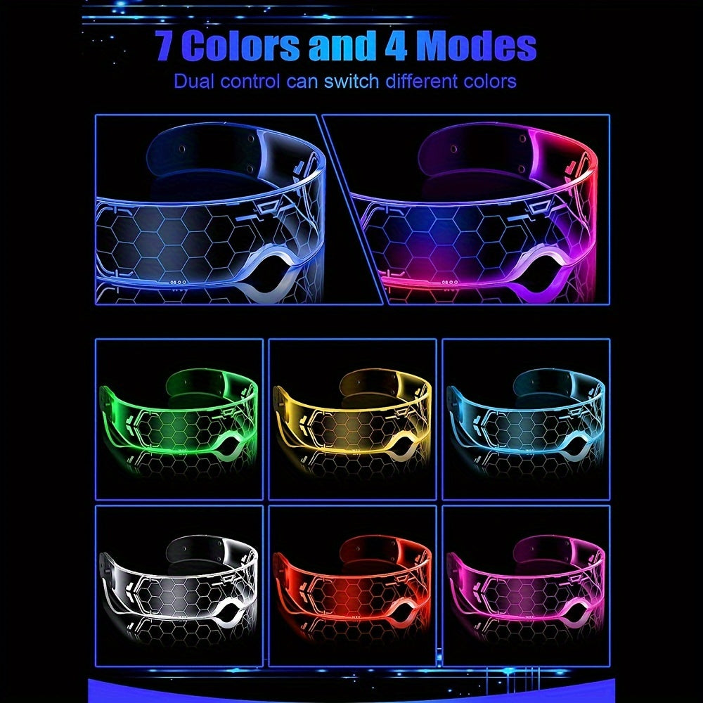 Two Pairs of LED Visor Glasses Featuring Seven Colors, These Futuristic Eyewear Come with Four Lighting Modes. They Are Honeycomb Luminous Glasses Designed for Adults