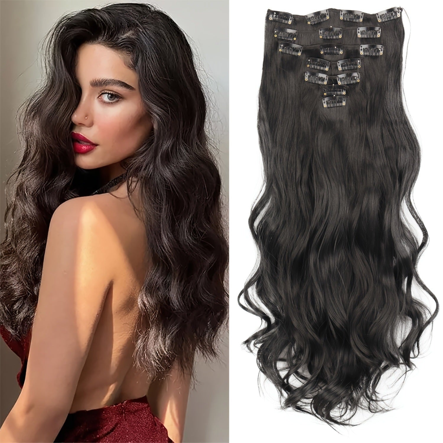 Clip In Hair Extensions 16 Clips 22 Inch 7pcs Set Black Long Natural Wave Hair Extension for Women Synthetic Hair Extensions Hairpieces