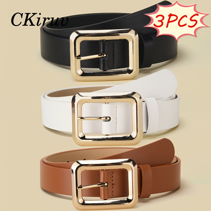 3pcs Women'S Square Alloy Buckle Handmade Belt, Lightweight, Luxurious, Fashionable, Easy, Multifunctional And Versatile, Suitable for Daily Work, Skirts, Pants, T-Shirts, Formal Wear, Casual Wear, Texture Dressing for Women, Holiday Gifts