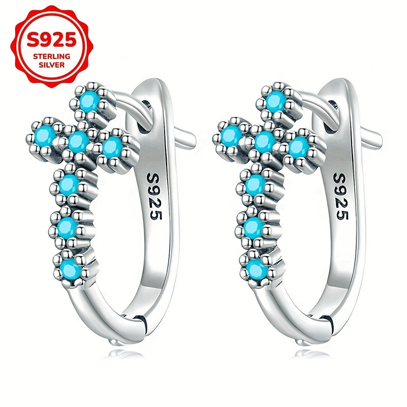 A Pair of New Blue Synthetic Turquoise Cross Earrings for Women, Low Allergenic, Made of 925 Sterling Silver, Featuring High-Quality Synthetic Inlay, Simple And Vintage Style, Trendy And Versatile Ear Accessories