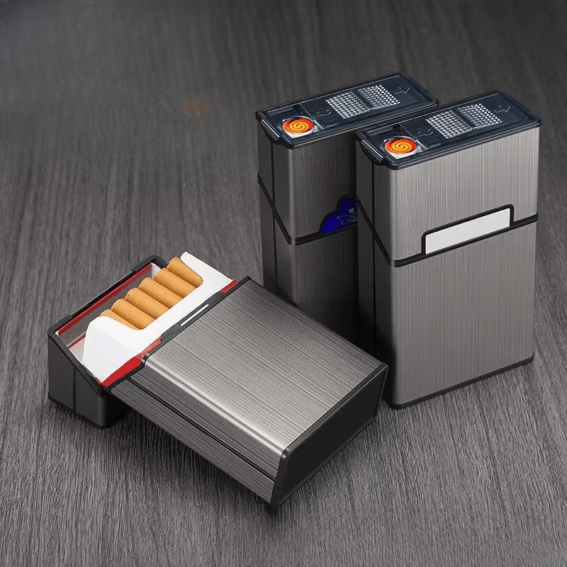 All-Black Rechargeable Lighter with Integrated Cigarette Case, Windproof, Holds 20 Cigarettes, Pressure-Resistant, Moisture-Proof, Flip-Top Lighter Case, Stylish for Business and Casual Use