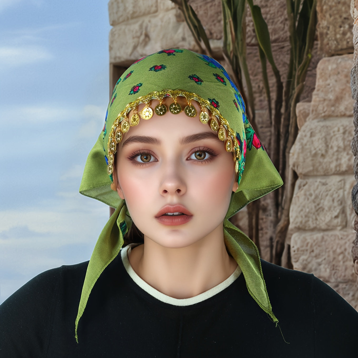 A Stylish Peony-Patterned Headscarf Complemented by Beautiful Golden Sequin Additions, Perfect for Casual Outings. It'S Lightweight, Breathable, And Protects Against Dust, Making It Ideal for Summer Wear