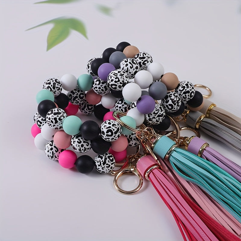 5-6pcs Vibrant Leopard Print And Polka Dot Beaded Keychain Wristband Fringe Charm Fashion Bag Accessories And Car Key Pendant, Ideal Gift for Women