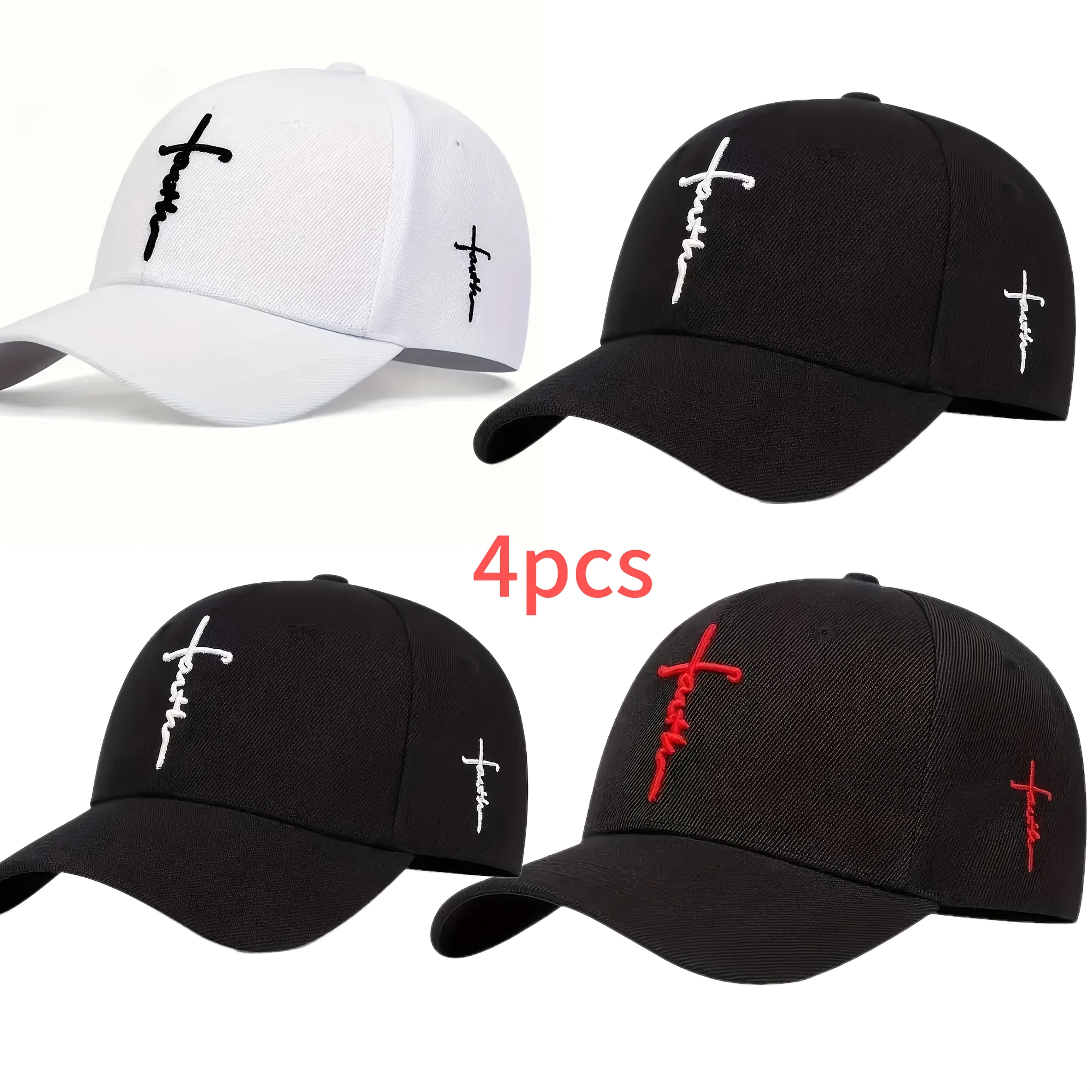 4pcs Cross Embroidered Baseball Cap - Unisex, Adjustable Snapback, Lightweight, 100% Polyester, Non-Stretch, Casual Sports Hat With Woven Craftsmanship, Sunhat For Women And Men, Sun Protection Casual Hat For Outdoor, Travel, Beach Vacation