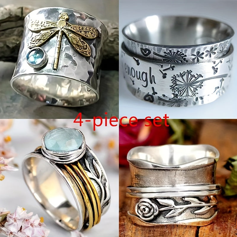 4pcs/Set of Classic And Exquisite Retro Patterned Rings, Luxurious And Fashionable Successful Gentleman Rings