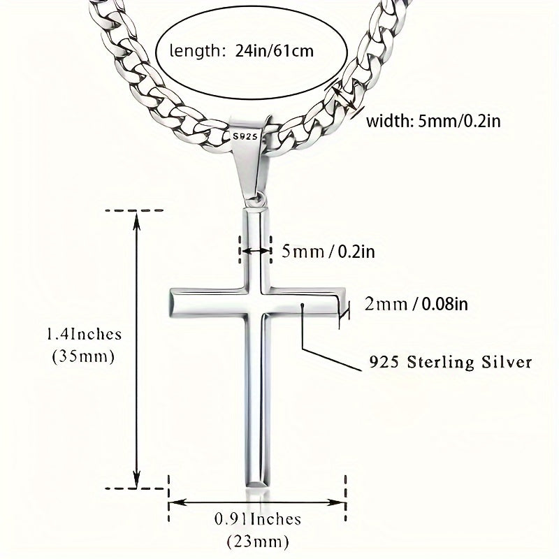 S925 Sterling Silvery (4g) 5mm Cuban Chain 24in Cross Pendant Necklace, Anniversary Christmas Gift, Gift Box