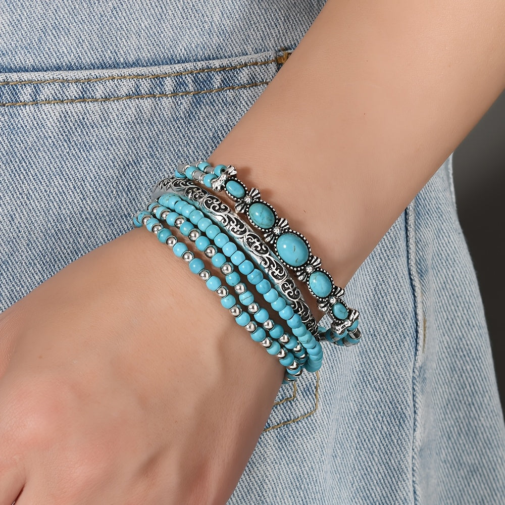 [Turquoise Beads & Charms] 5/16/19/24pcs Western Bohemian Vintage Turquoise Bracelet Set - Multilayer Stacked, Unisex Jewelry with Beads & Charms, Layered Design for Daily Wear, Party Music Festival, Perfect Daily Wear Or Holiday Gift