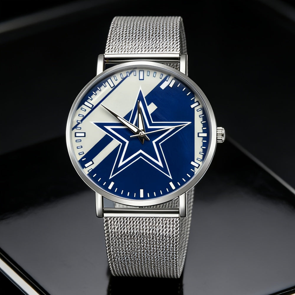 New Elegant Minimalist Men's Watch, Creative Five-pointed Star Dial, Silvery Mesh Strap Quartz Wristwatch, The Best Gift