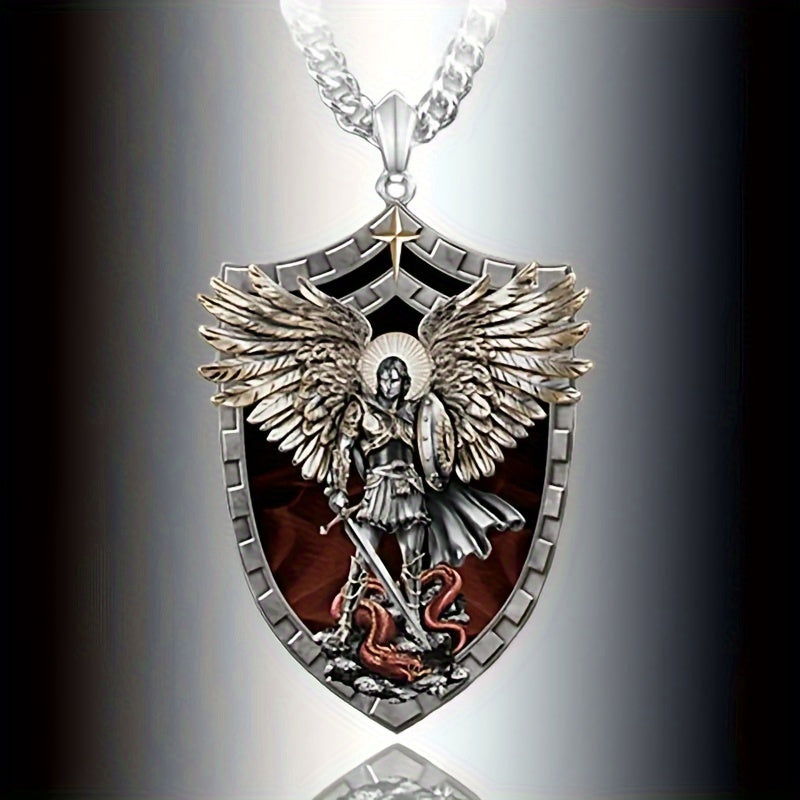 Stainless Steel Necklace for Men Warrior Guardian Holy Angel Saint Michael Pendant Necklace Men Knight Shield Necklace Jewelry Gift