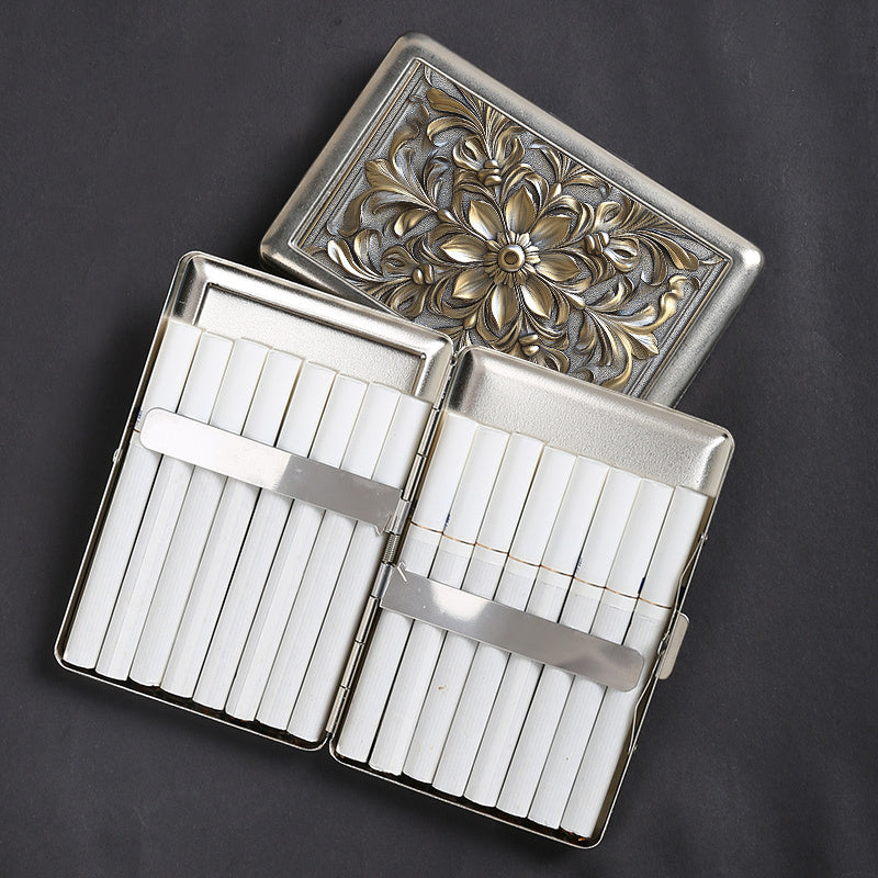 1pc case Metal double-open cigarette case can hold 16 cigarettes, retro Men's cigarette storage box Fashion accessories, holiday gifts, there will be deviations in the printing position., 2D Flat