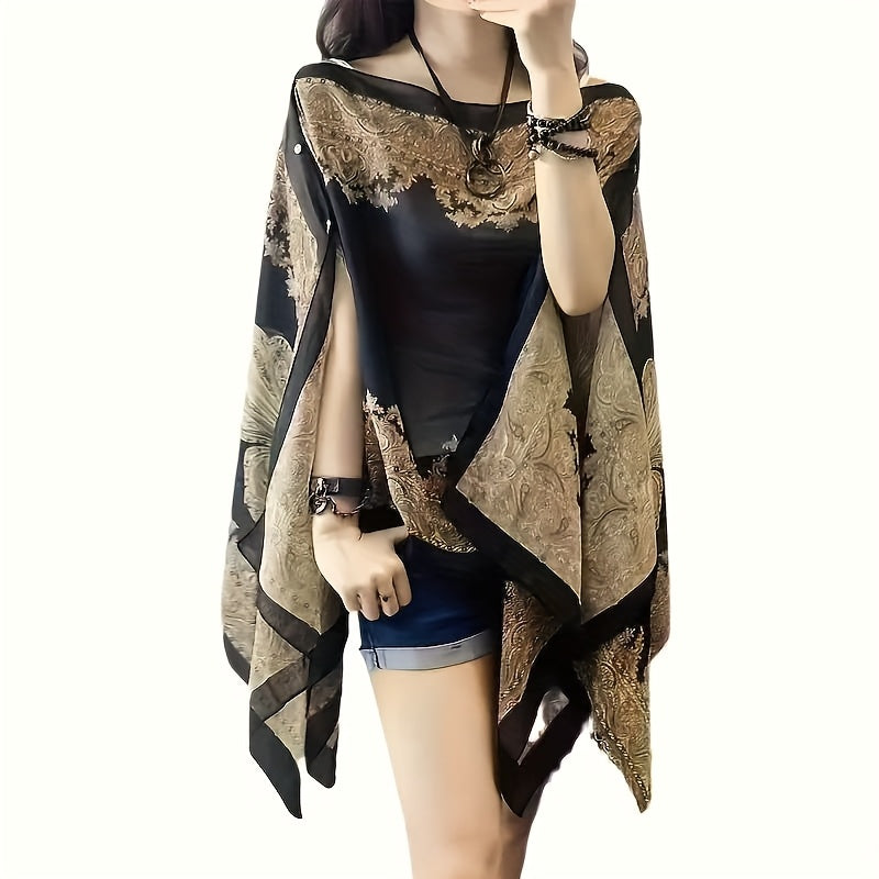 2pcs/set Bohemian Style Sunscreen Chiffon Shawl for Women - Lightweight, Breathable, - Vibrant Blue Paisley Pattern - Perfect for Beach, Vacation, Floral Print Chiffon Shawl, Large Size Beach Cover-Up, Wrap for Vacation