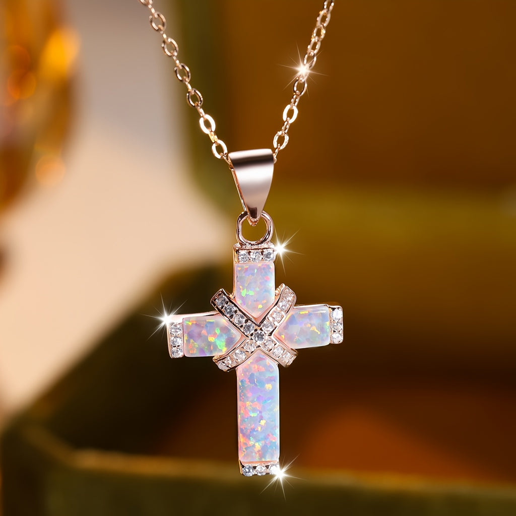Silvery Exquisite Luxury White Synthetic Australian Synthetic Opal Cross Necklace for Women