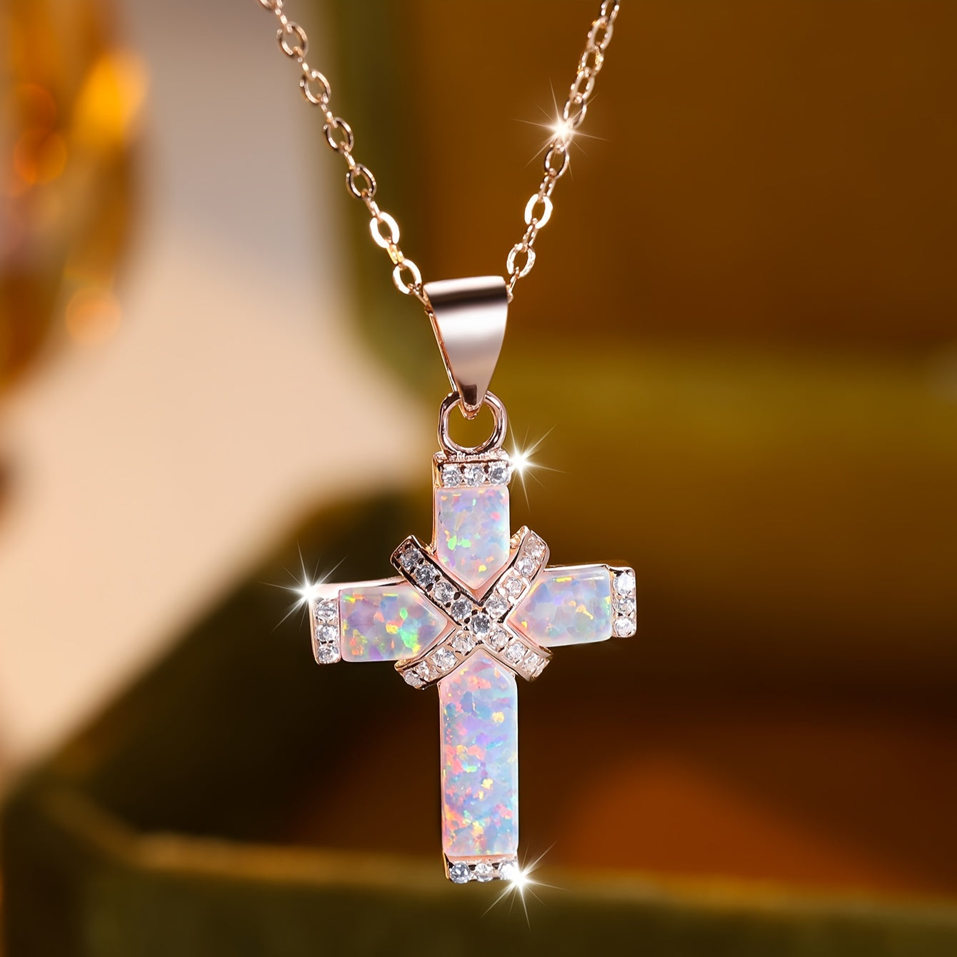 Silvery Exquisite Luxury White Synthetic Australian Synthetic Opal Cross Necklace for Women