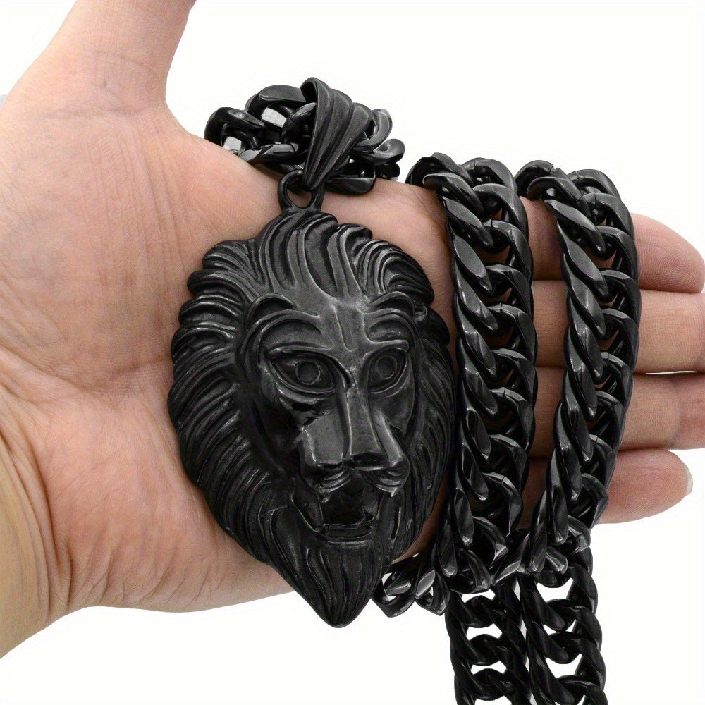 Majestic Lion Head Pendant Necklace Durable Stainless Steel Cuban Chain Fashion Black End Men'S Bold Statement Jewelry
