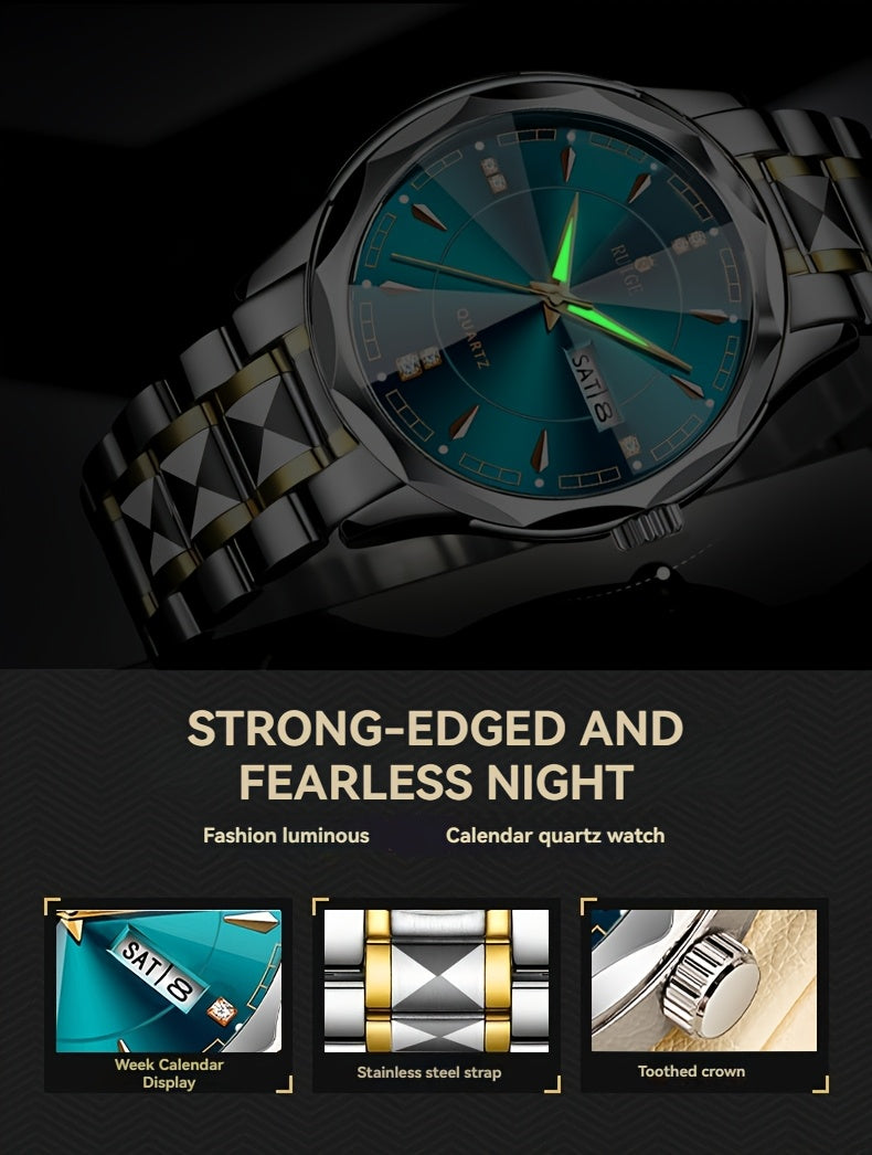 RUIGE Men'S Fashion Trend Quartz Watch | Night Light Dual Calendar, Diamond Shaped Watch Mirror, Stainless Steel Case, Alloy Strap, Business Leisure, Ideal Gift for Father'S Day