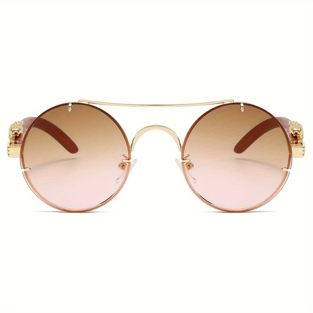 Fashionable Round Metal Frame Glasses with Gradient PC Lenses - Luxury Double Bridge Design, Leopard Detail Hinges, Stylish And Chic for Both Men And Women, Perfect for Vacation, Street Photography, And Includes Protection Case, As a Unique Gift