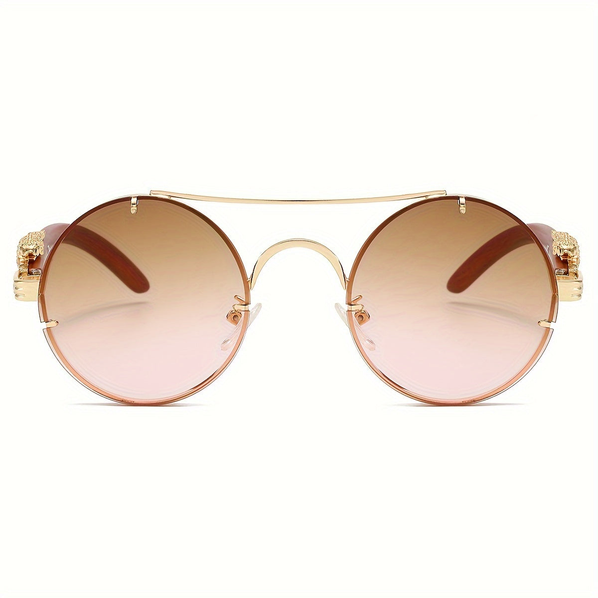 Fashionable Round Metal Frame Glasses with Gradient PC Lenses - Luxury Double Bridge Design, Leopard Detail Hinges, Stylish And Chic for Both Men And Women, Perfect for Vacation, Street Photography, And Includes Protection Case, As a Unique Gift