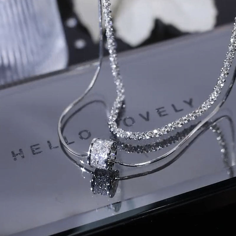 S925 Pure Silvery Elegant Double Layered Clavicle Chain Necklace for Women, Simple Fashion Sweater Chain with Synthetic Cubic Zirconia, Versatile for Daily & Gift Occasions, All Seasons