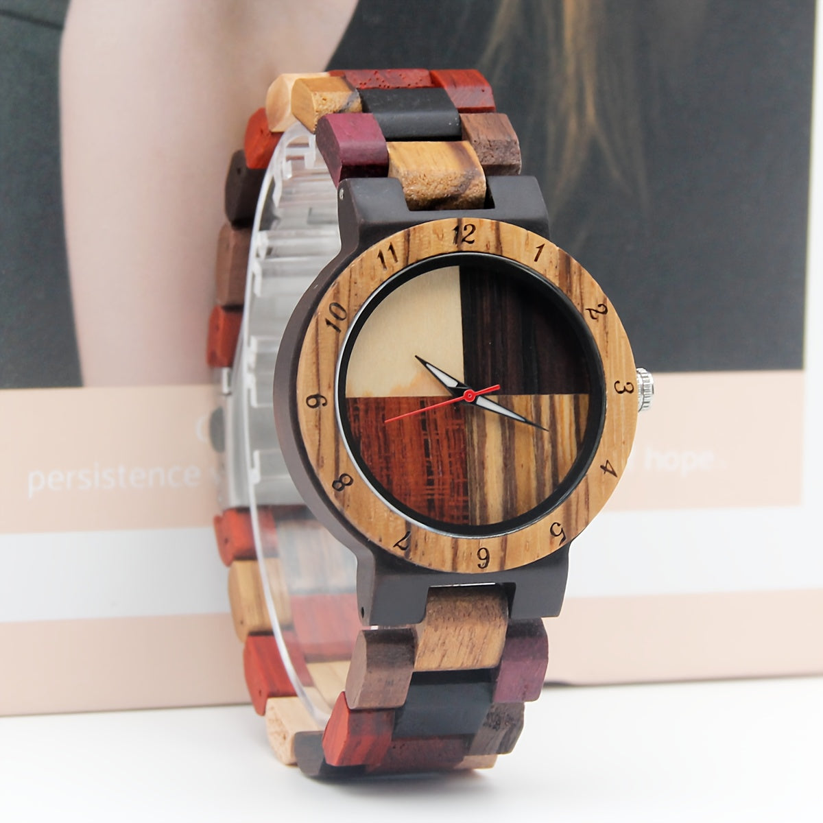 Wooden Ladies Watch, Multicolor Wooden Strap, Four-Color Dial, Wood Quartz Wristwatch
