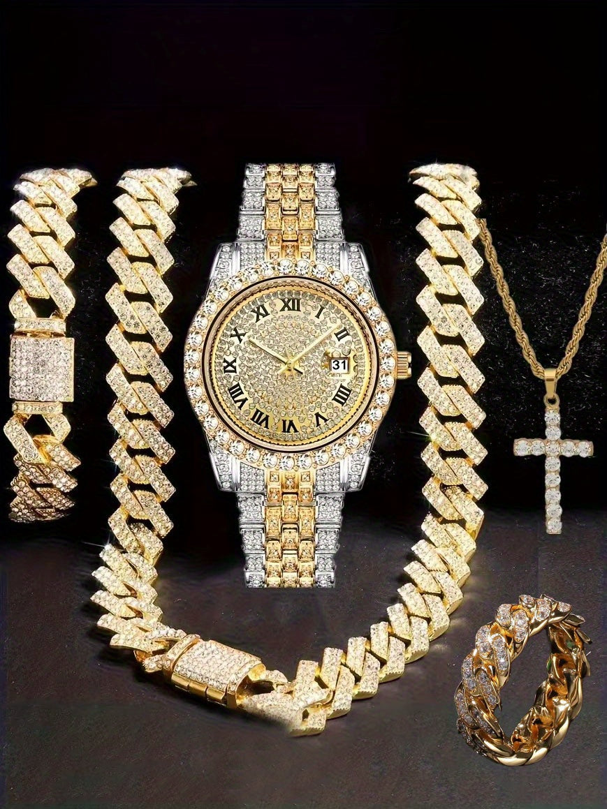 Men'S Hip Hop Set: Trendy Watch, Cuban Chain Pendant Necklace And Bracelet Combo, Stylish Men'S Additions Gift for Christmas, Birthday, Valentine'S Day, And Father'S Day