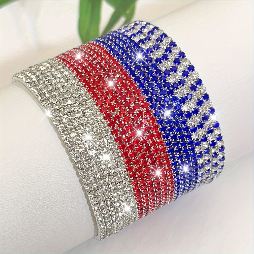 Lots 10pcs Independence Day USA Red White Blue Rhinestone Stretch Bracelets Set Women/ Men Silvery Plated Copper Elastic Exquisite Shiny Handmade Sparkling Rhinestone Multi-layer Bracelets Minimalist Vintage Stackable Wristband Bracelet Set Jewelry