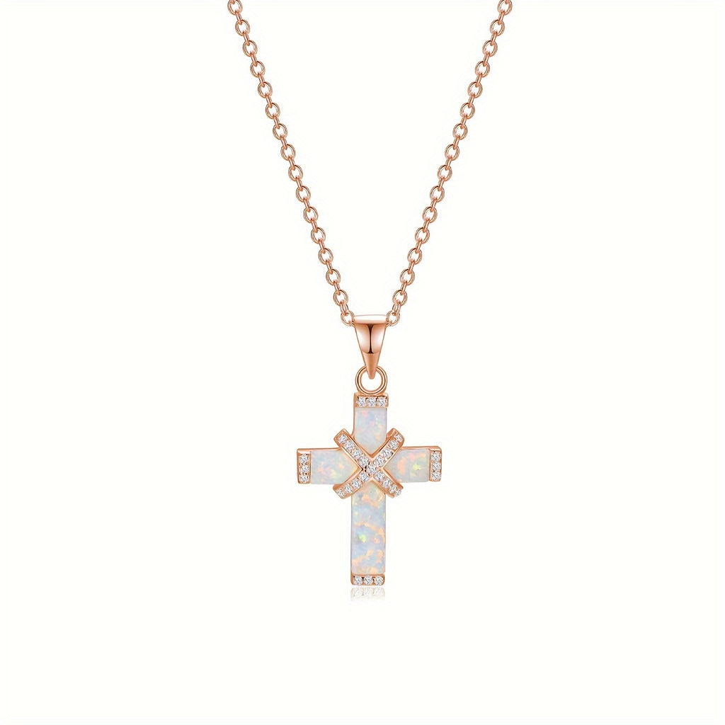 Silvery Exquisite Luxury White Synthetic Australian Synthetic Opal Cross Necklace for Women