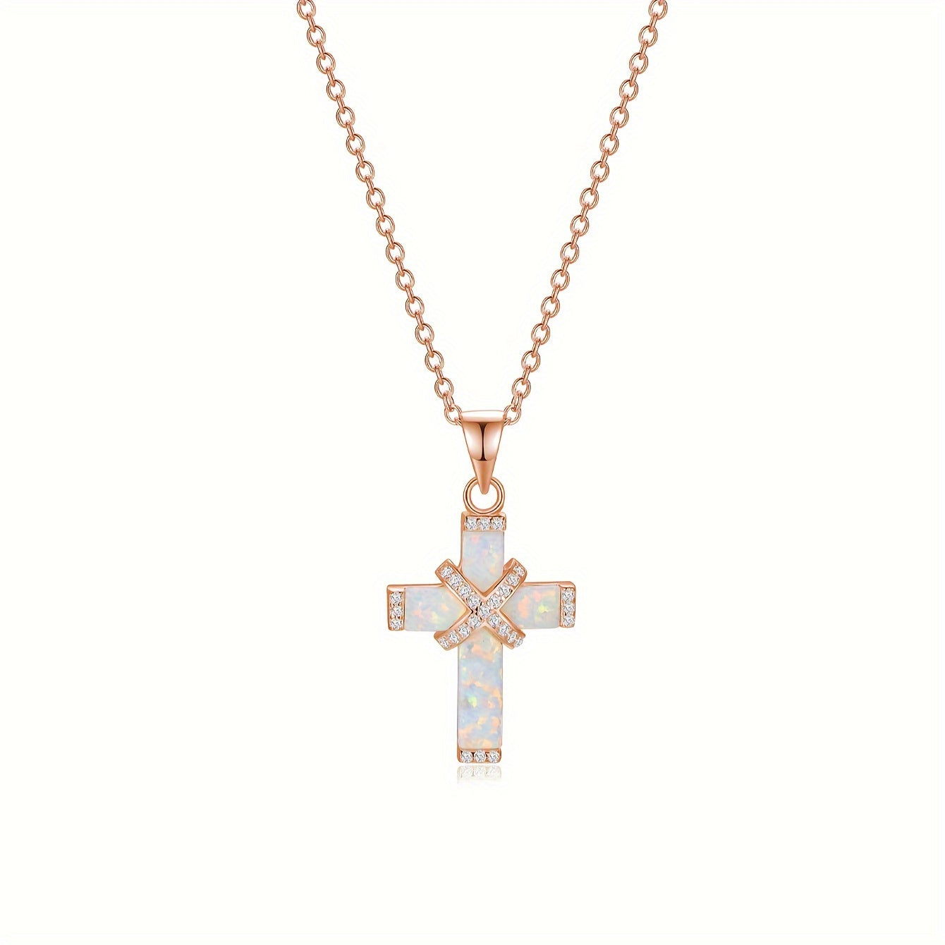 Silvery Exquisite Luxury White Synthetic Australian Synthetic Opal Cross Necklace for Women