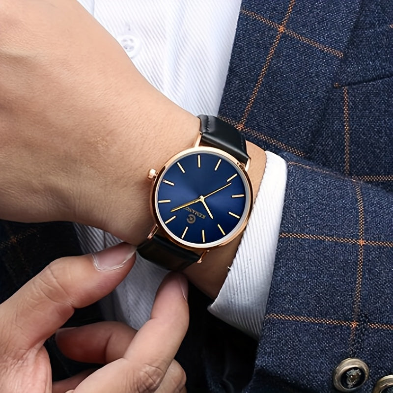 Men's Minimalist Analog Quartz Watch with Analog Display, Round Face & PU Leather Strap - Elegant Casual & Professional Wristwatch, - Hands, Low-Maintenance Operation