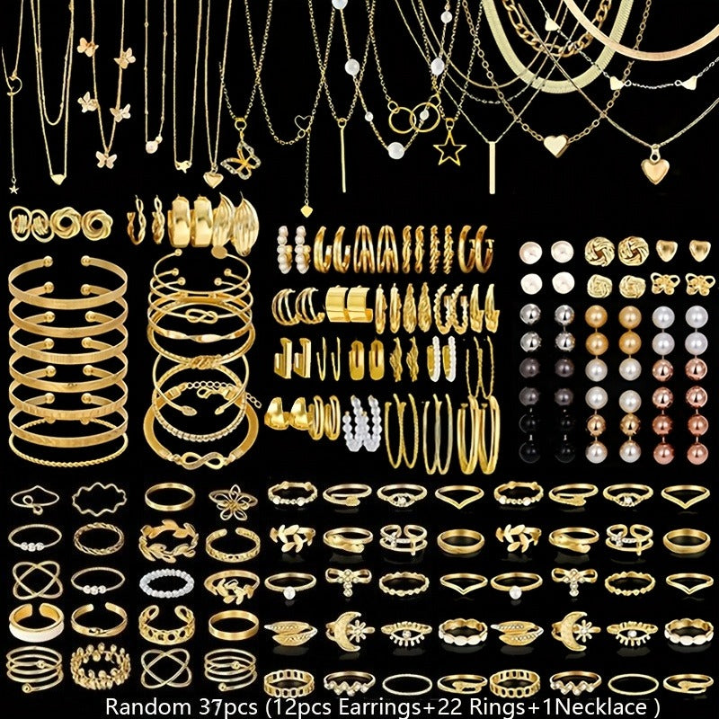 [Bohemian Jewelry Set] Random 37/47/50/71/87 Pieces Bohemian Jewelry Set, Earrings Necklaces Rings Bangles Versatile Stackable Accessories, Suitable for Daily and Festival Wear