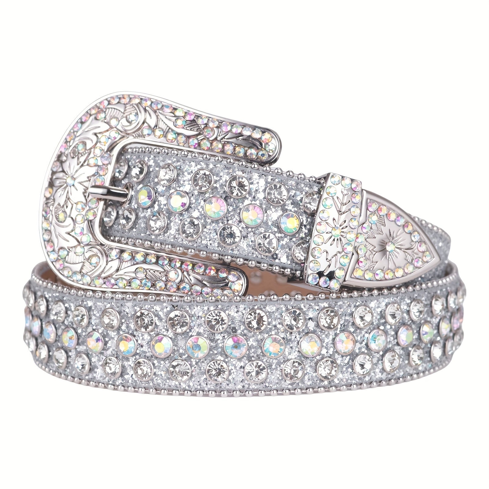 Silvery Sparkle Rhinestone Belts Women'S Luxury Bling Bling Carved Buckle Belt Punk Cowgirl Cowboy Crystal Studded Belts for Jeans