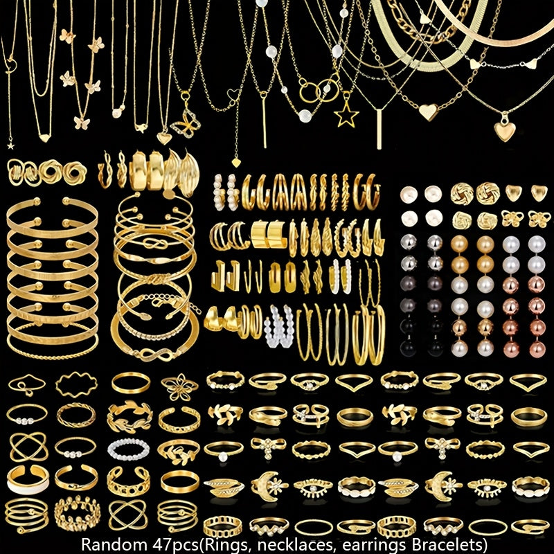 [Bohemian Jewelry Set] Random 37/47/50/71/87 Pieces Bohemian Jewelry Set, Earrings Necklaces Rings Bangles Versatile Stackable Accessories, Suitable for Daily and Festival Wear
