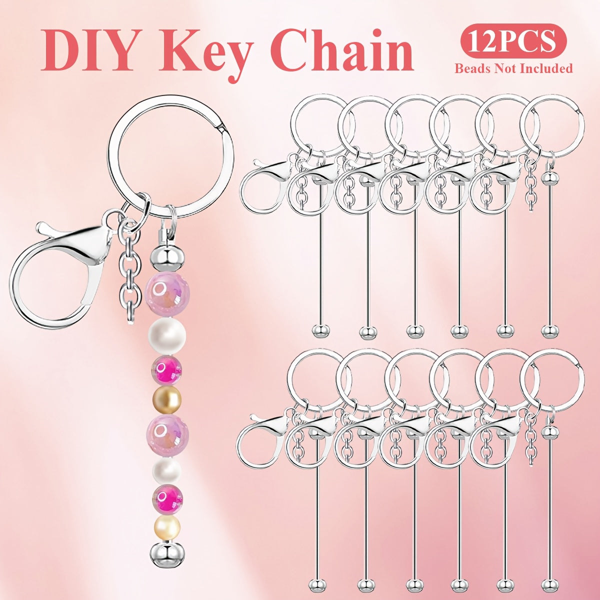 12/24pcs Stainless Steel Beadable Keychain Blanks Beaded Keychain Kit for Crafting Metal Keyring Pendant with Charms for Gifts Christmas & Halloween Gift Key Chain Pendant Production Supplies