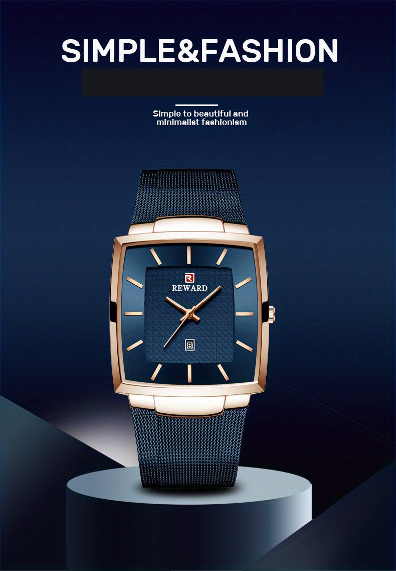 REWARD Fashion Watches Men Top Luxury Brand Square Blue Men's Wristwatch Stainless Steel Quartz Clock Male