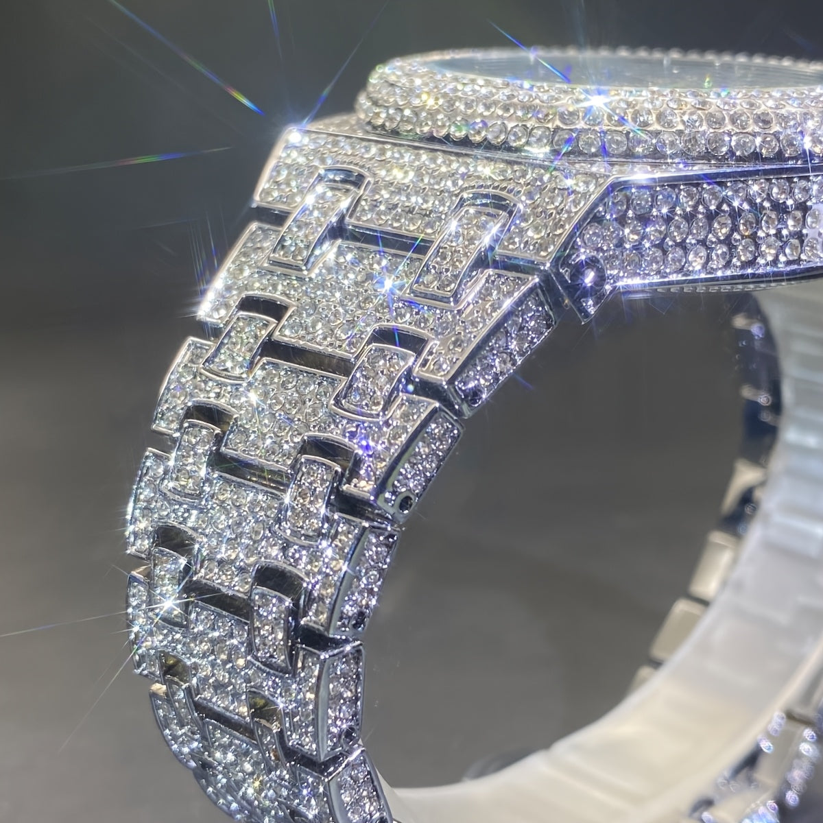 MISS FOX Glam Quartz Watch for Men & Women - Hip Hop Cuban Link, Luminous Calendar with Rhinestone Accents, Alloy Band