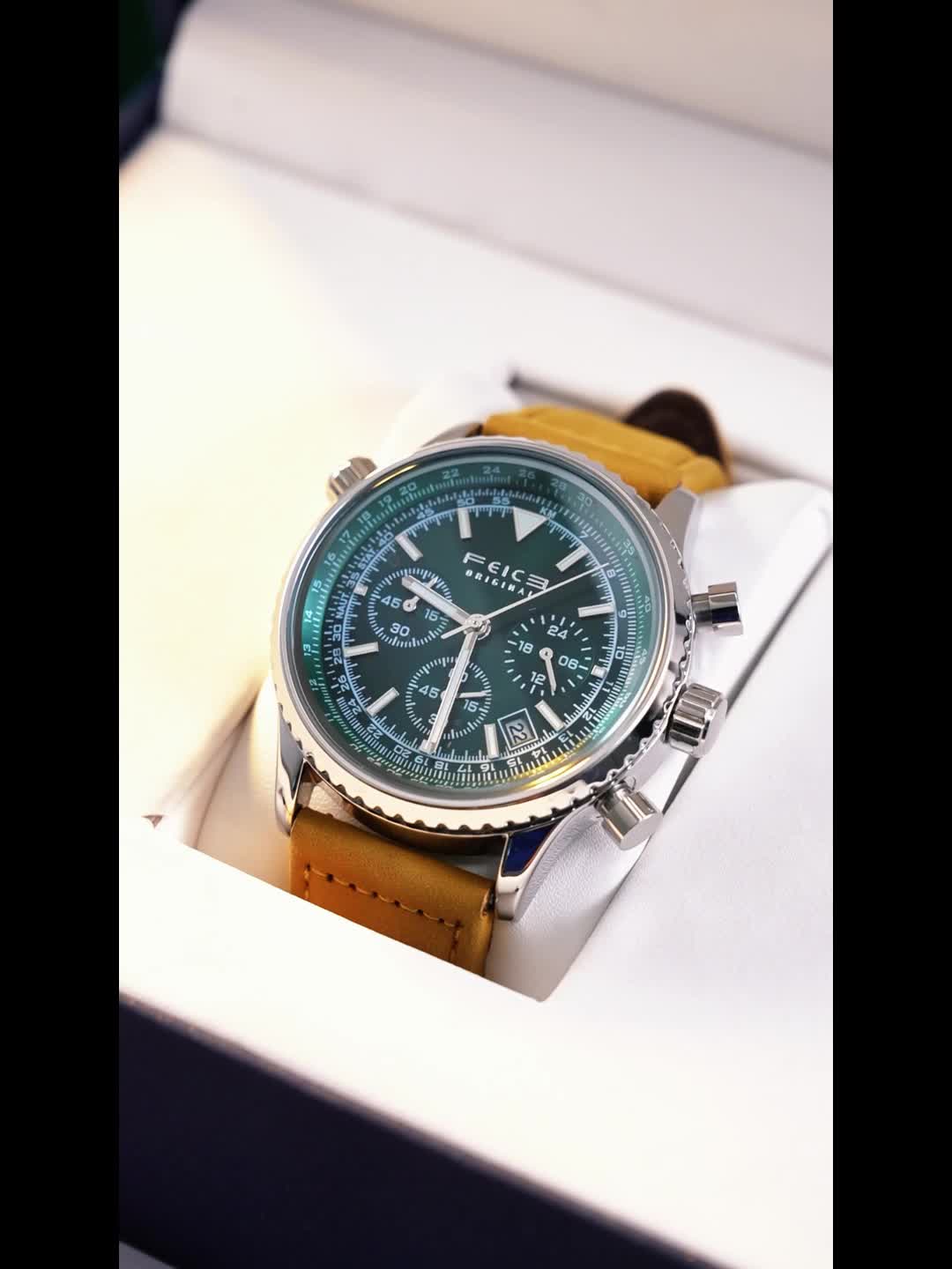 FEICE Brand Pilot Series Men'S Watches: A Versatile Blend of Business Formal And Casual Sports Styles, Featuring a Quartz Movement, Green Dial, Chronograph, Second Calendar, Luminous Indicators, And a 24-Hour Display. an Ideal Holiday Gift for Men