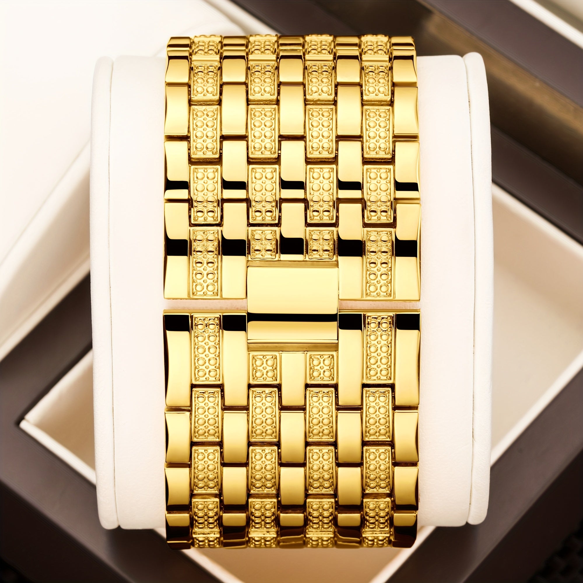 1pc Yalalusi Men'S Fashion Watch | Luminous Pointer, Business Golden, Casual Splicing Wristband, Easy Rhinestone Decoration, Gift Box And Strap Remover, Ideal For Father And Friends Gift